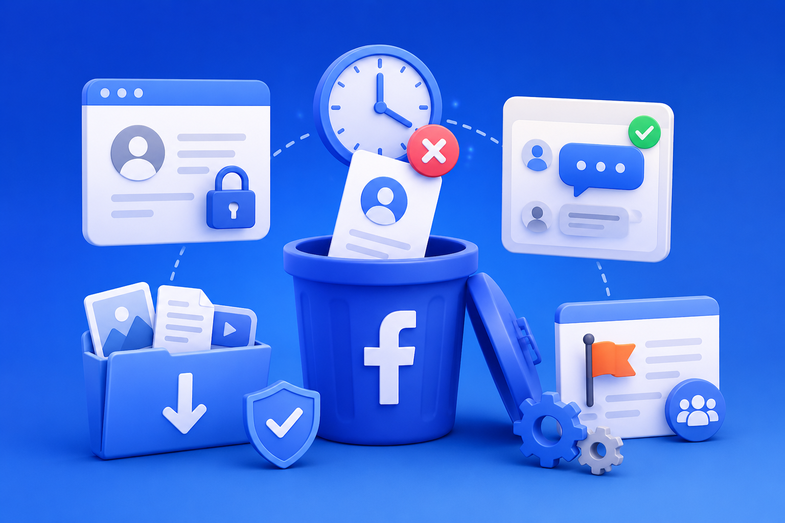 A blue 3D illustration showing a Facebook-themed trash bin with profile cards, message panels, backup files, privacy icons and a clock representing the account deletion process.