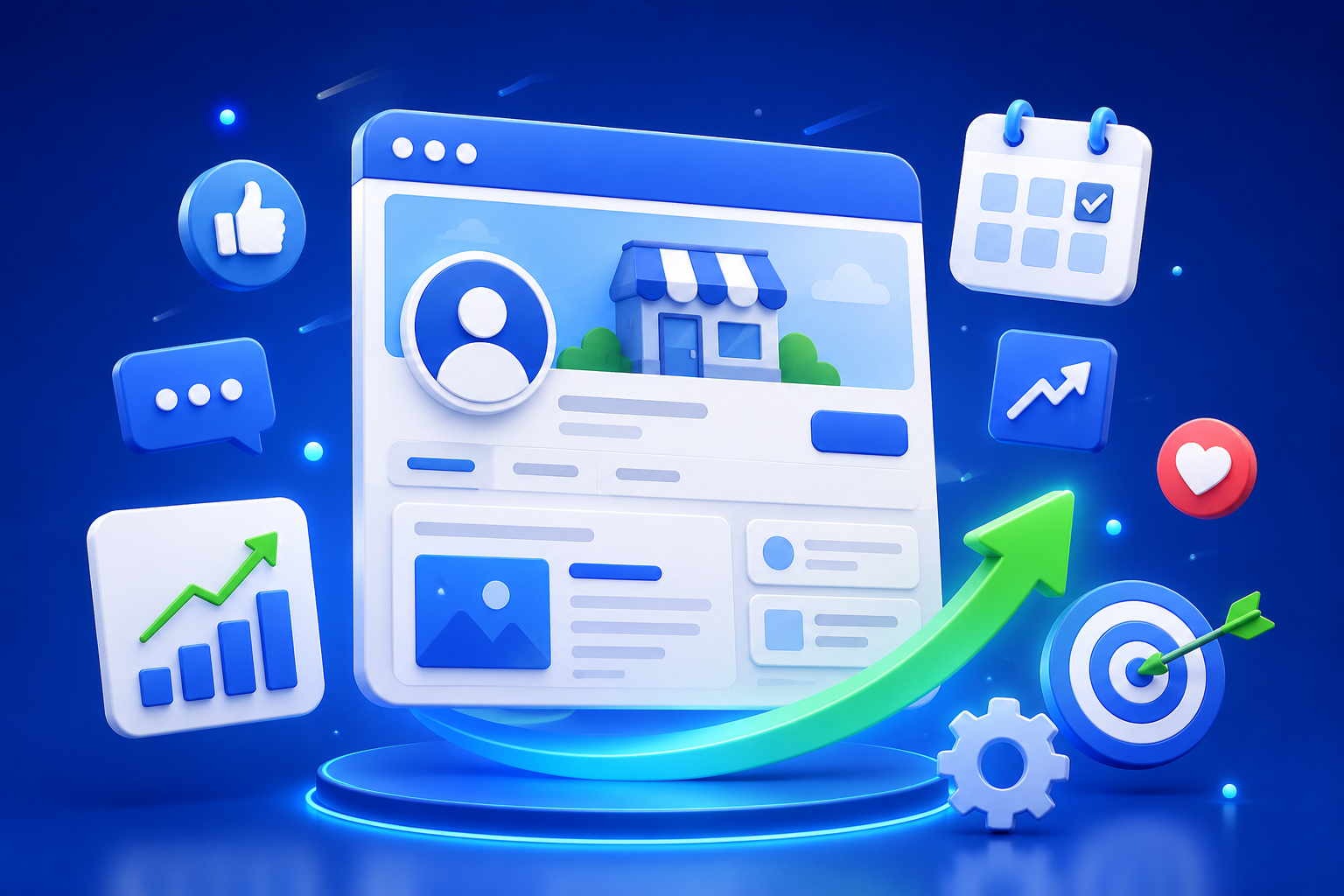 A blue 3D illustration showing a Facebook-style business page dashboard with growth arrows, engagement icons, a content calendar and analytics elements, representing page growth and renewal.
