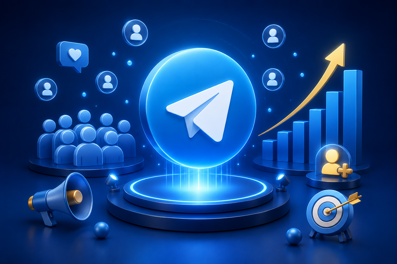 3D illustration of a Telegram-style paper plane on a glowing platform, surrounded by audience icons, a megaphone, a target and a rising chart to show channel growth and visibility.
