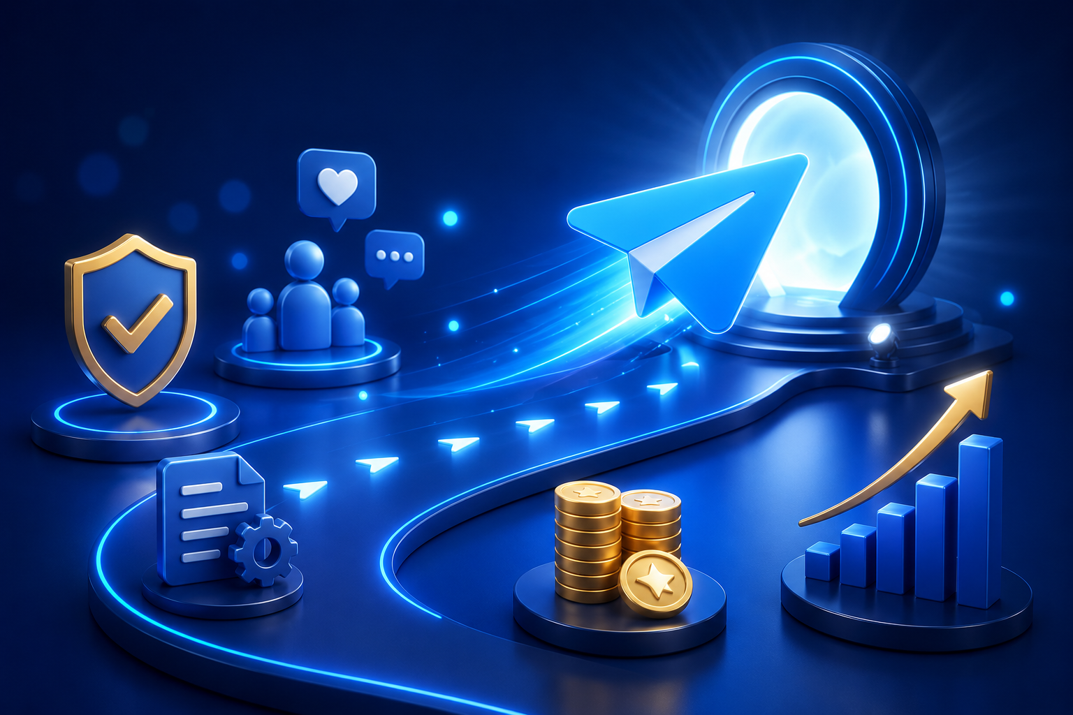 3D illustration of a Telegram-style paper plane flying along a glowing path toward a bright portal, surrounded by trust, community, monetization and growth symbols.