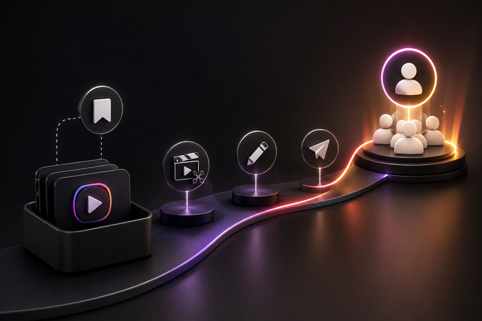 Sleek 3D illustration showing saved video cards moving through a content workflow toward a glowing audience podium, representing Threads visibility and growth.