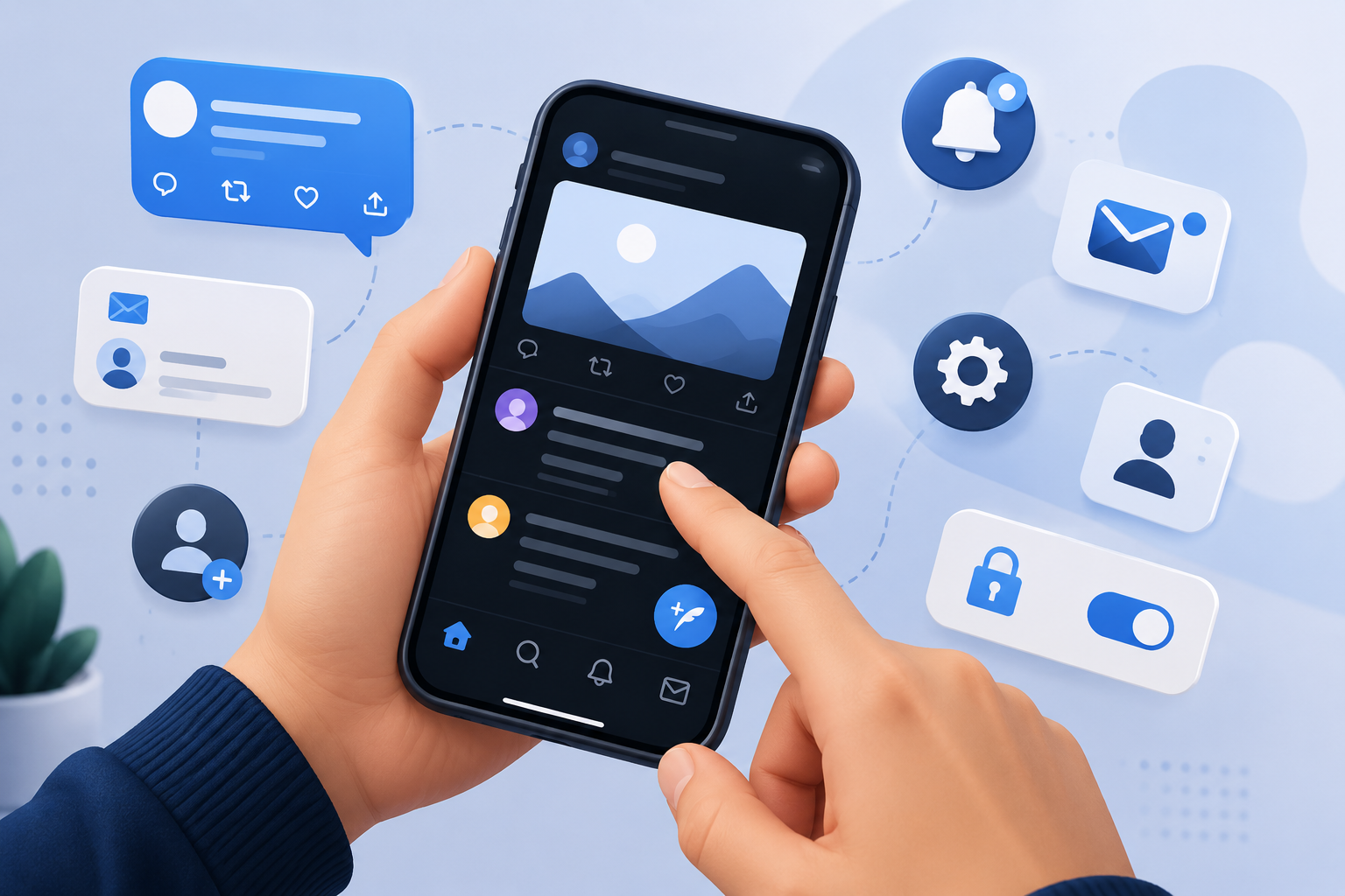 How to use Twitter illustration showing a person using a phone with social media icons for posts, DMs, notifications and settings.