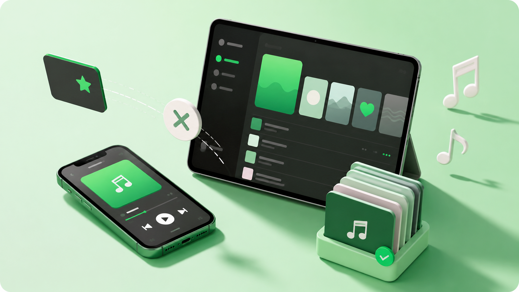 3D illustration of a music streaming setup in Spotify-inspired green tones, with a phone, tablet, playlist cards, floating music notes and a cancel icon, representing canceling a premium music subscription while keeping playlists.