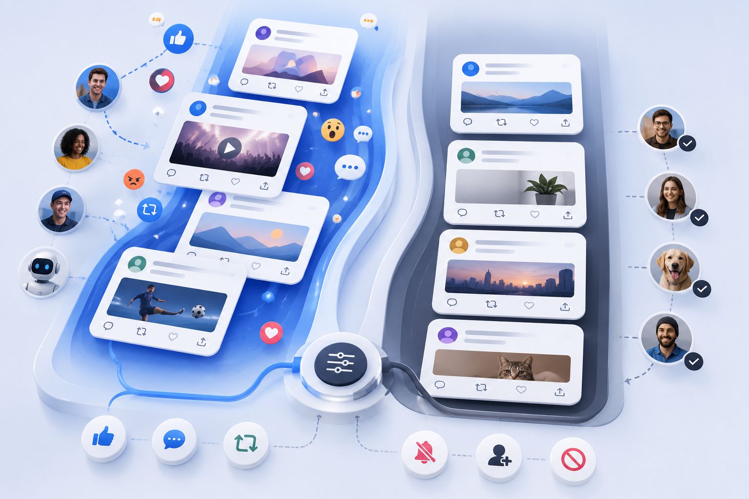 Illustration showing two social media feed streams with content cards, reaction icons, profile bubbles and settings controls.