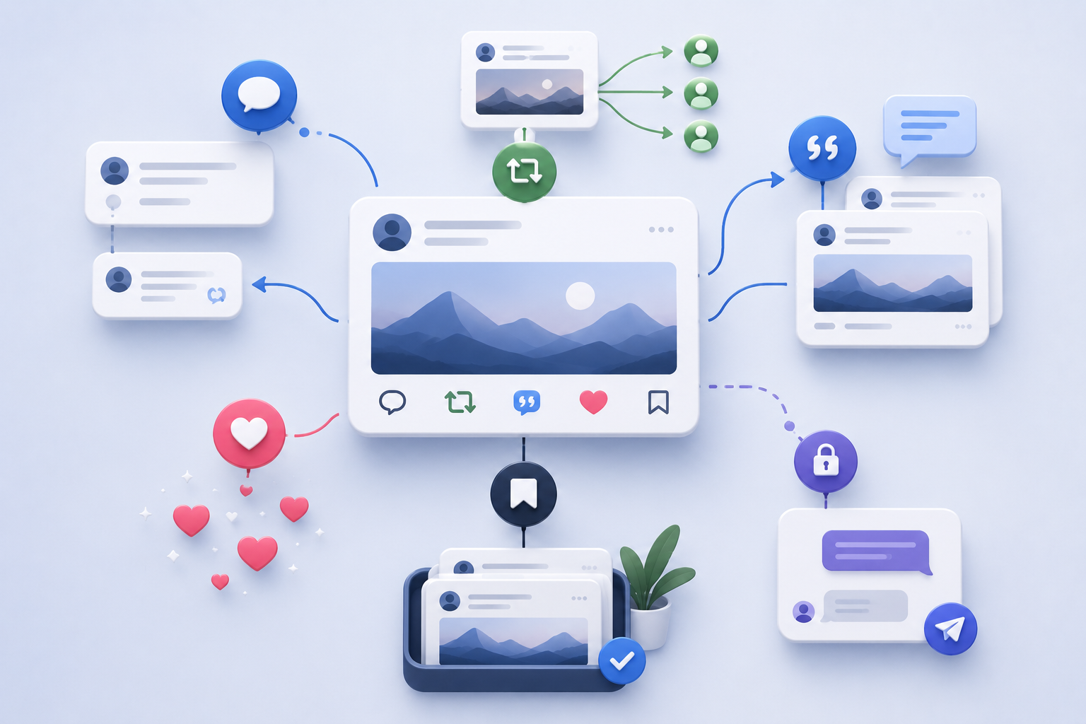 Illustration showing a central social media post with reply, repost, quote, like, bookmark and private message icons branching around it.