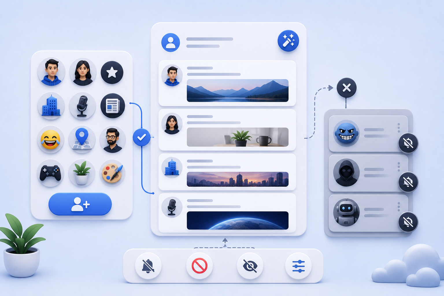Illustration showing selected profile icons moving into a clean social media feed while muted and blocked content is filtered out.