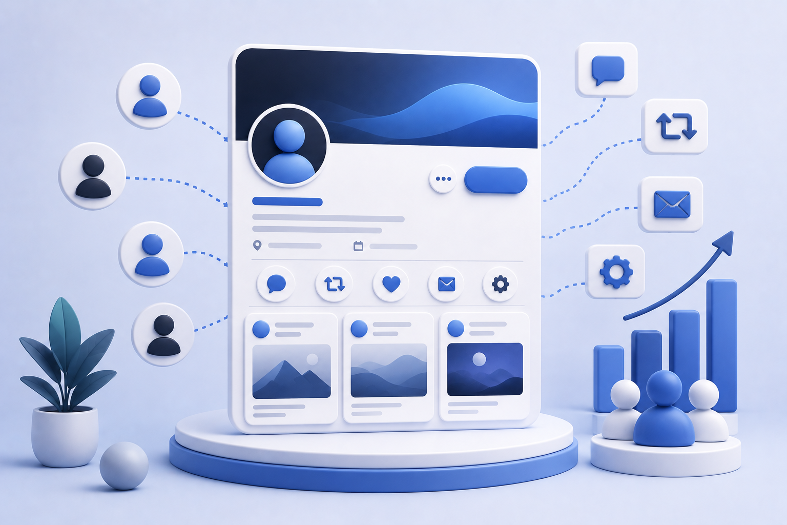 Illustration showing a polished social media profile card with follower bubbles, post previews, message icons and growth elements around it.
