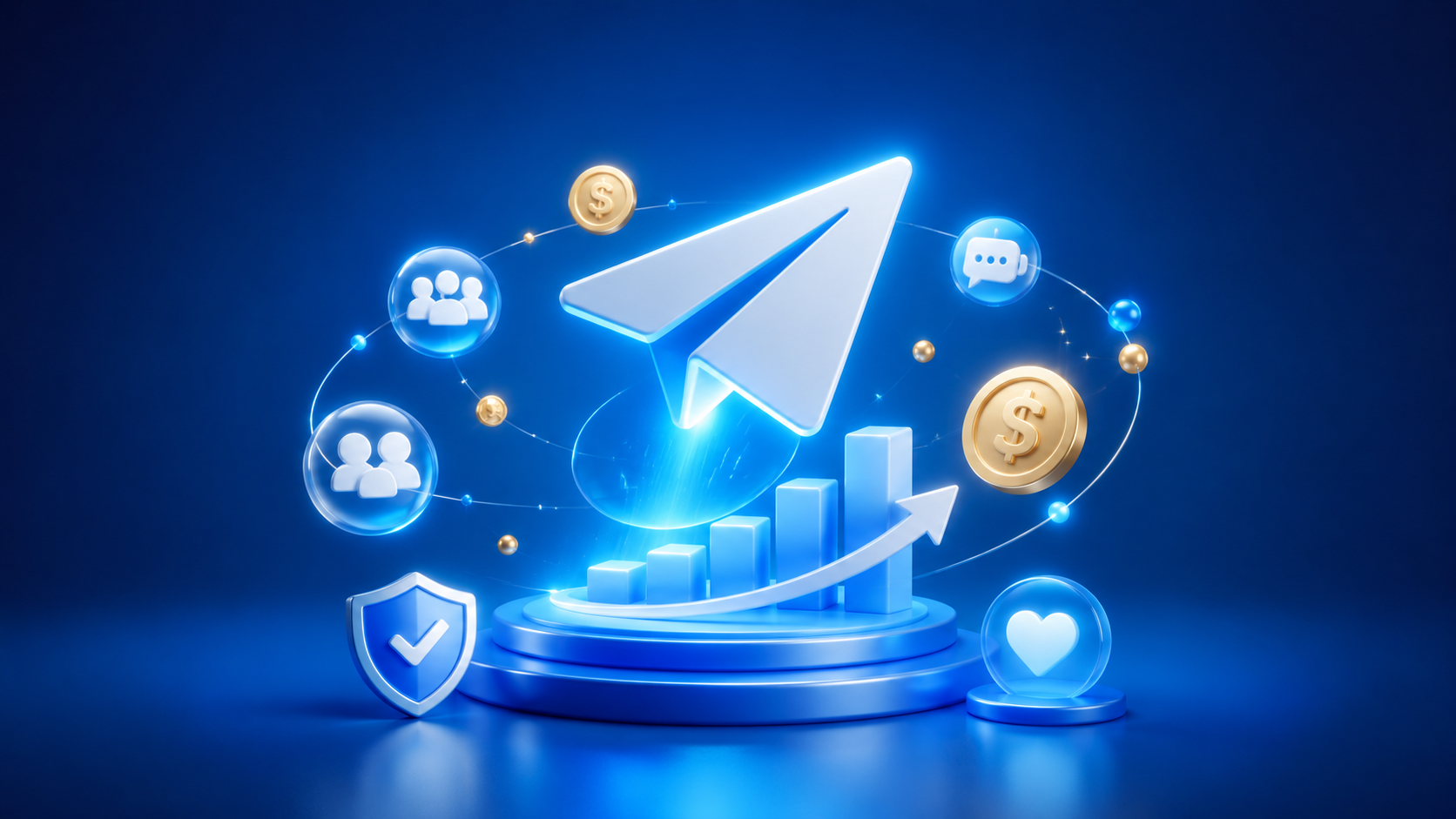 3D illustration of a glowing Telegram-style paper plane above a rising chart, surrounded by icons for community, chat, trust and monetization on a deep blue background.
