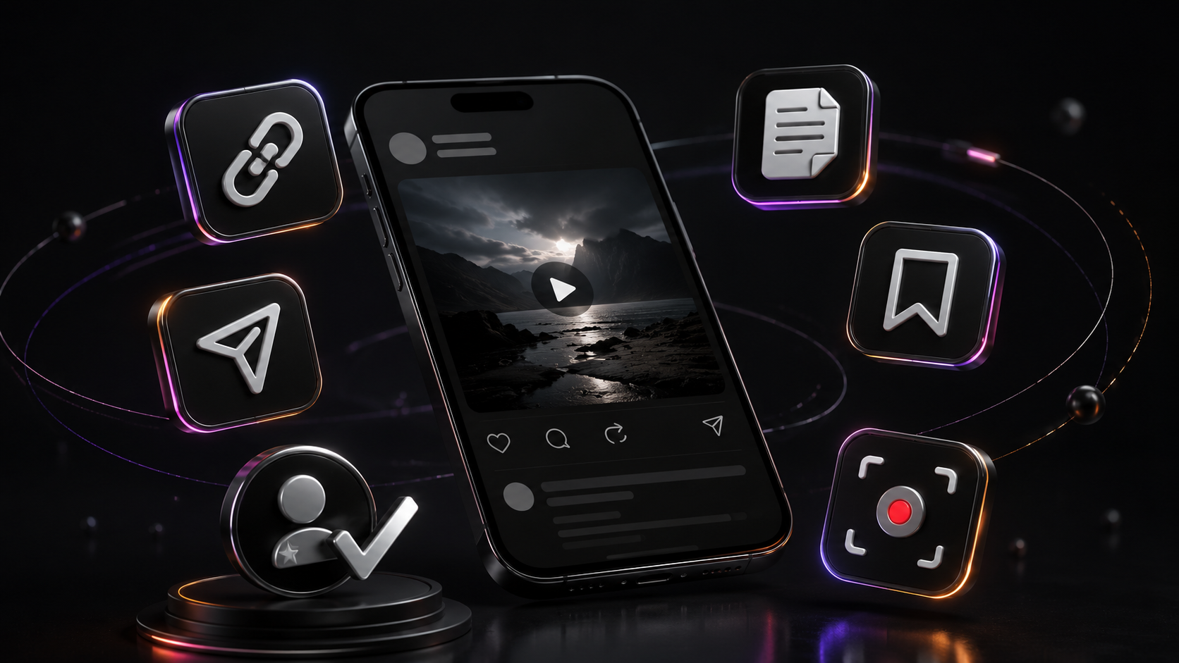 3D illustration of a smartphone showing a Threads-style video post, surrounded by link, bookmark, notes, screen recording and permission icons.