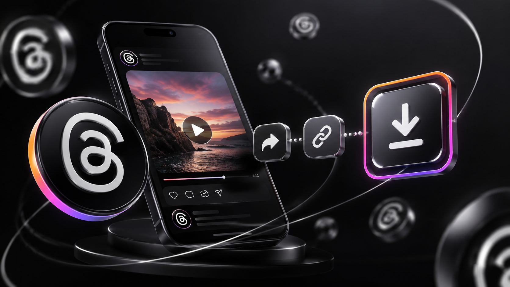 3D illustration of a smartphone showing a video post, with share, link and download icons floating beside it, representing how to save videos from Threads.