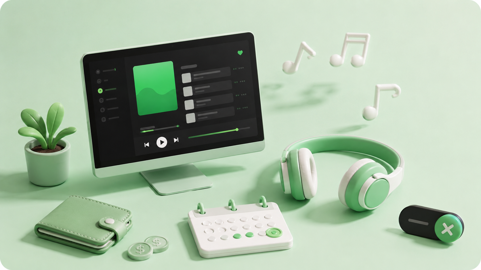 3D illustration of a Spotify-inspired music setup with a tablet, headphones, workout gear, studio microphone and rising growth chart, representing changing Premium features and creator visibility.