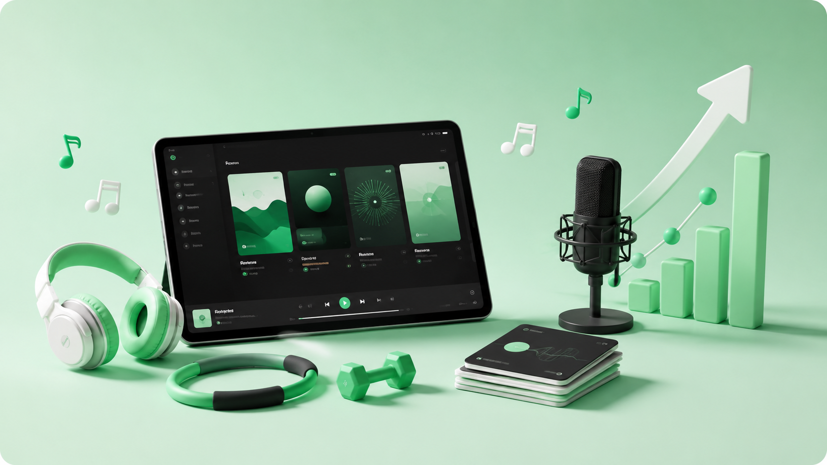 3D illustration of a Spotify-inspired account and subscription troubleshooting scene with profile cards, a tablet dashboard, phone, payment card, confirmation panel and magnifying glass.