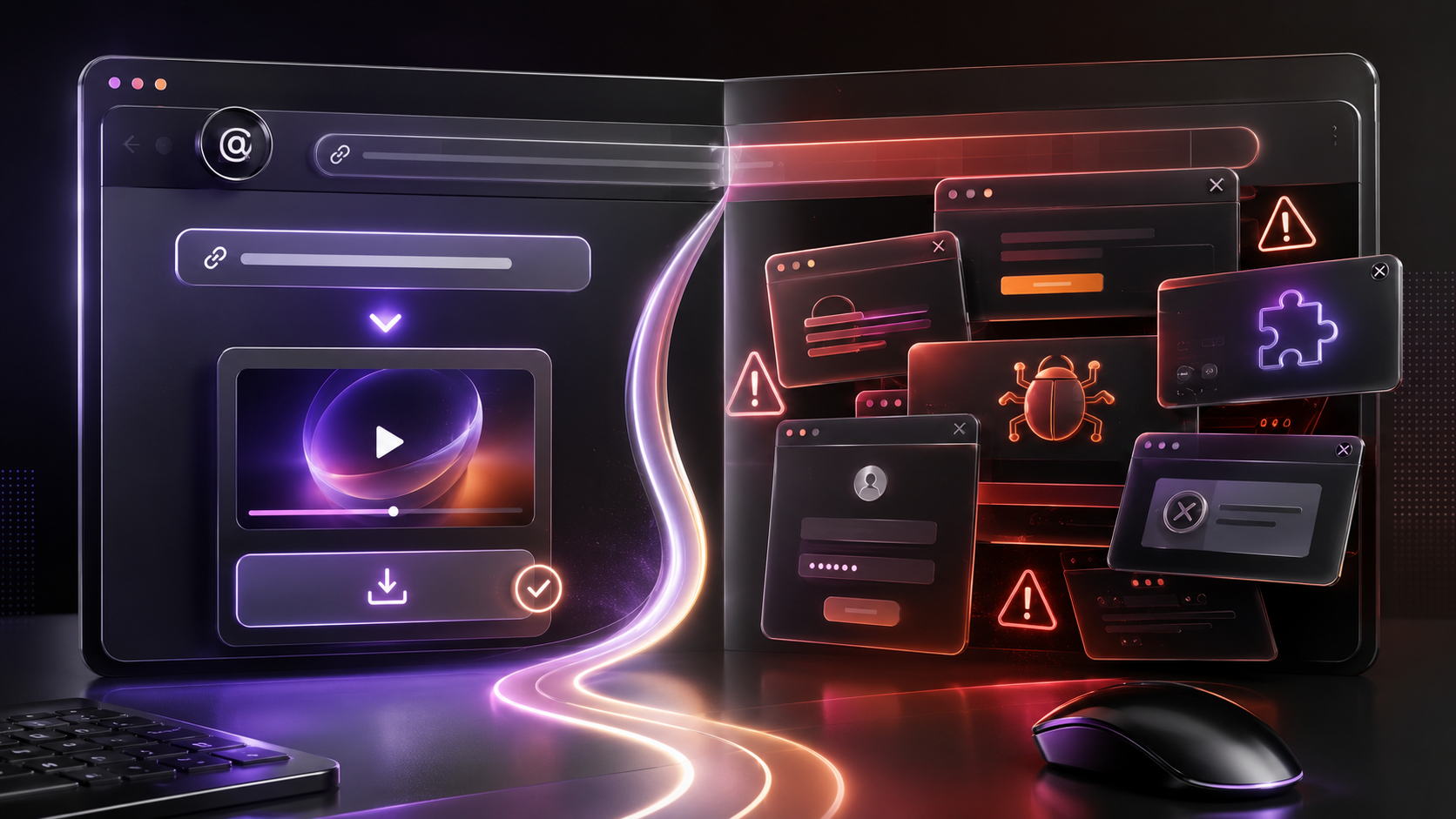 3D browser-style illustration showing a clean Threads video download flow on one side and suspicious pop-ups, password traps and warning icons on the other.