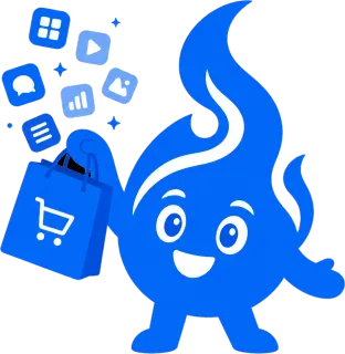 Bulkoid mascot holding a shopping bag of social app icons