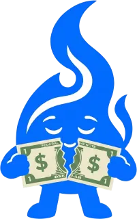 Bulkoid mascot holding cash, happy about low prices